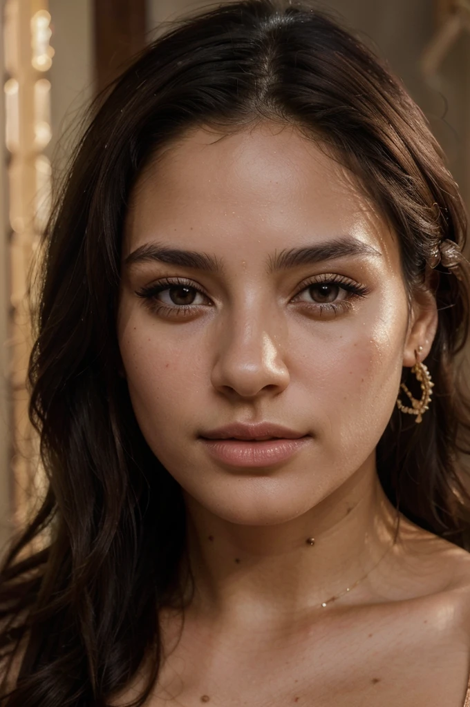 highly detailed portrait, beautiful woman, latina, long dark brown hair, looking directly at camera, sensual expression, detailed facial features, full lips, long eyelashes, glowing skin, minimal jewelry, warm natural lighting, cinematic composition, photorealistic, 8k, high resolution, (best quality:1.2), (photorealistic:1.37), (intricate details:1.2), (masterpiece:1.2)