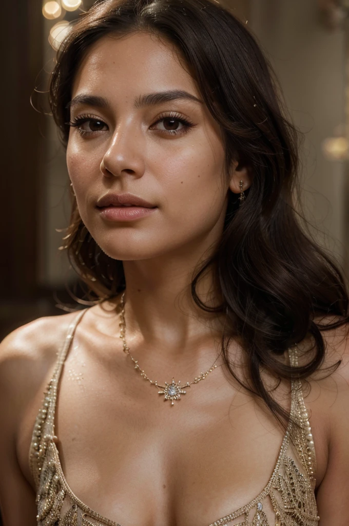 highly detailed portrait, beautiful woman, latina, long dark brown hair, looking directly at camera, sensual expression, detailed facial features, full lips, long eyelashes, glowing skin, minimal jewelry, warm natural lighting, cinematic composition, photorealistic, 8k, high resolution, (best quality:1.2), (photorealistic:1.37), (intricate details:1.2), (masterpiece:1.2)