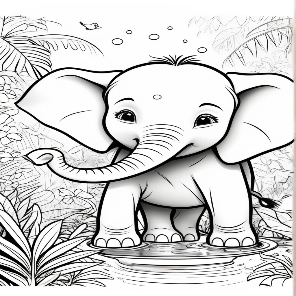 Line drawing, (Pixar style:1.8), (coloring page:1.6) Cute baby elephant splashing joyfully in a crystal-clear watering hole surrounded by lush green jungle foliage and colorful tropical birds., ColoringBookAF , (blank white background:1.4)