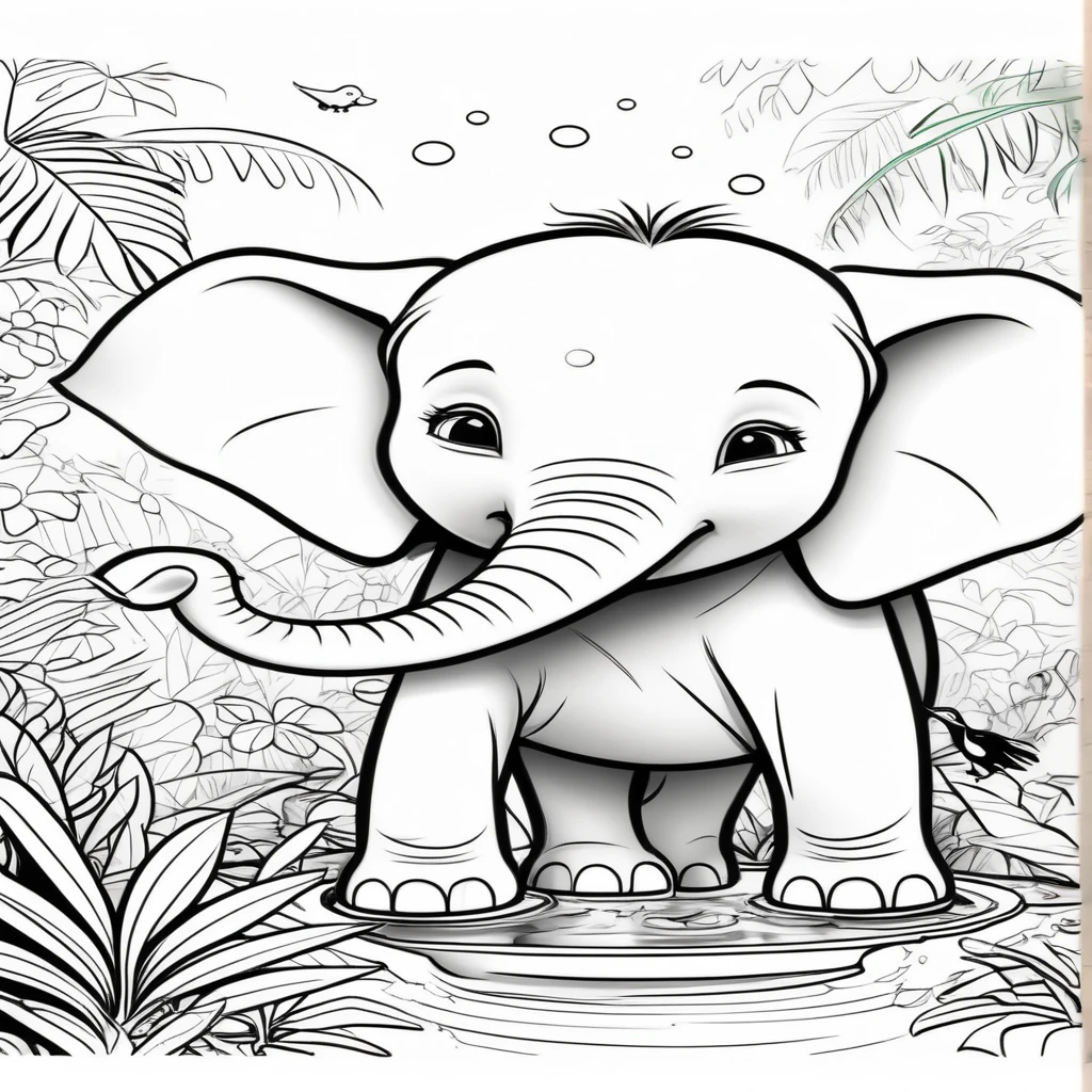 Line drawing, (Pixar style:1.8), (coloring page:1.6) Cute baby elephant splashing joyfully in a crystal-clear watering hole surrounded by lush green jungle foliage and colorful tropical birds., ColoringBookAF , (blank white background:1.4)