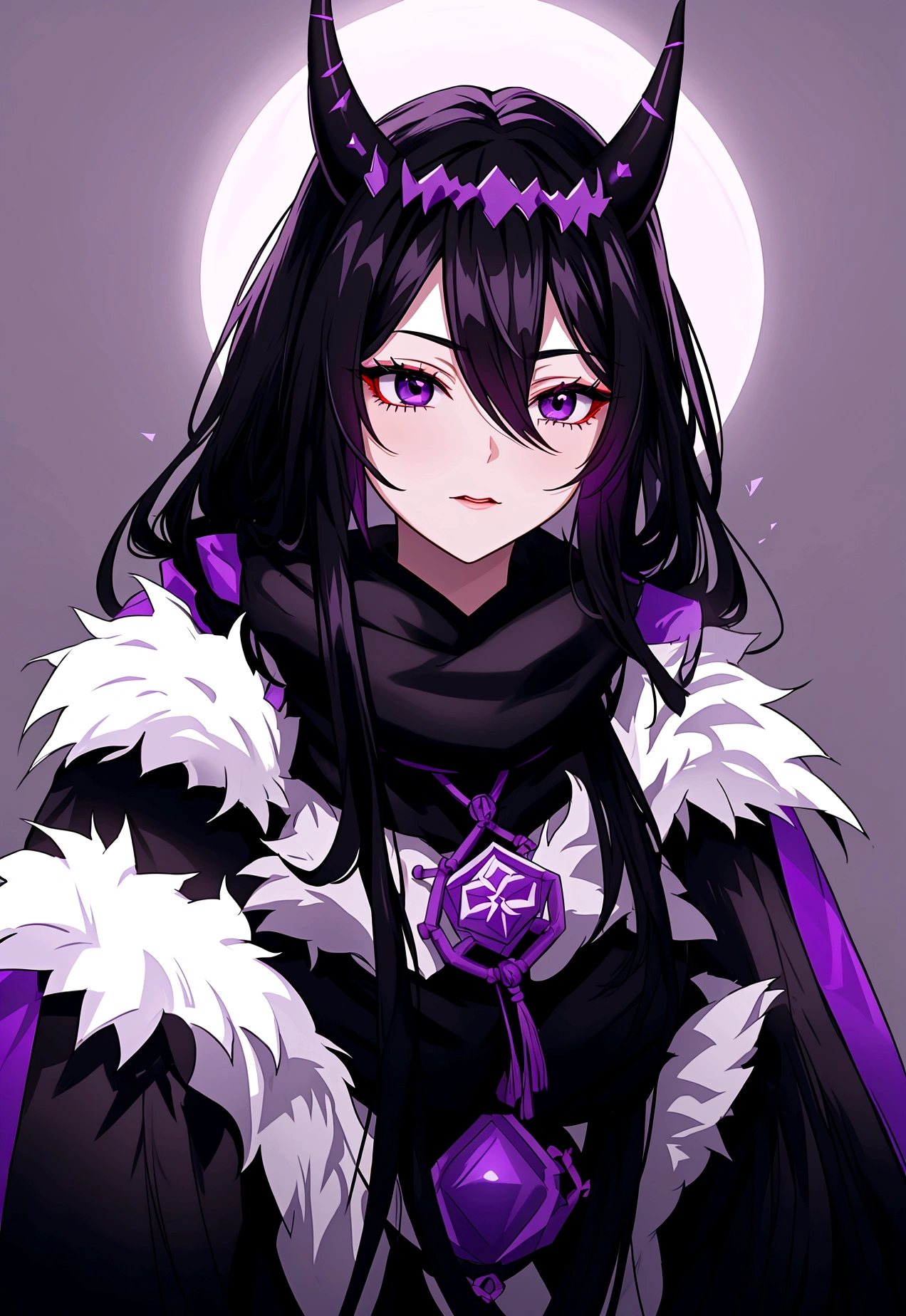 Long black hair black eyes girl wearing chinese dark purple ninja cloth and black fur coat black fur scarf. Purple demon horns chest skin visible