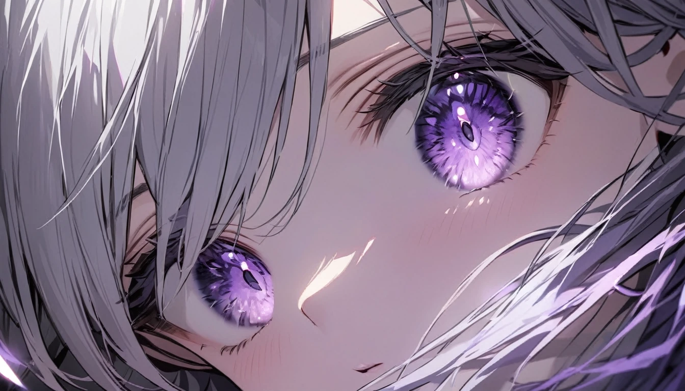 Resolution full, very accurate, best quality, masterpiece, from front boy, cinematic lighting, full HD, very sharpener, only showing eyes, focus at eyes, detailed eyes, best art, very accurate, 1boy, solo, boy, violet eyes, grey hair, violet eyes
