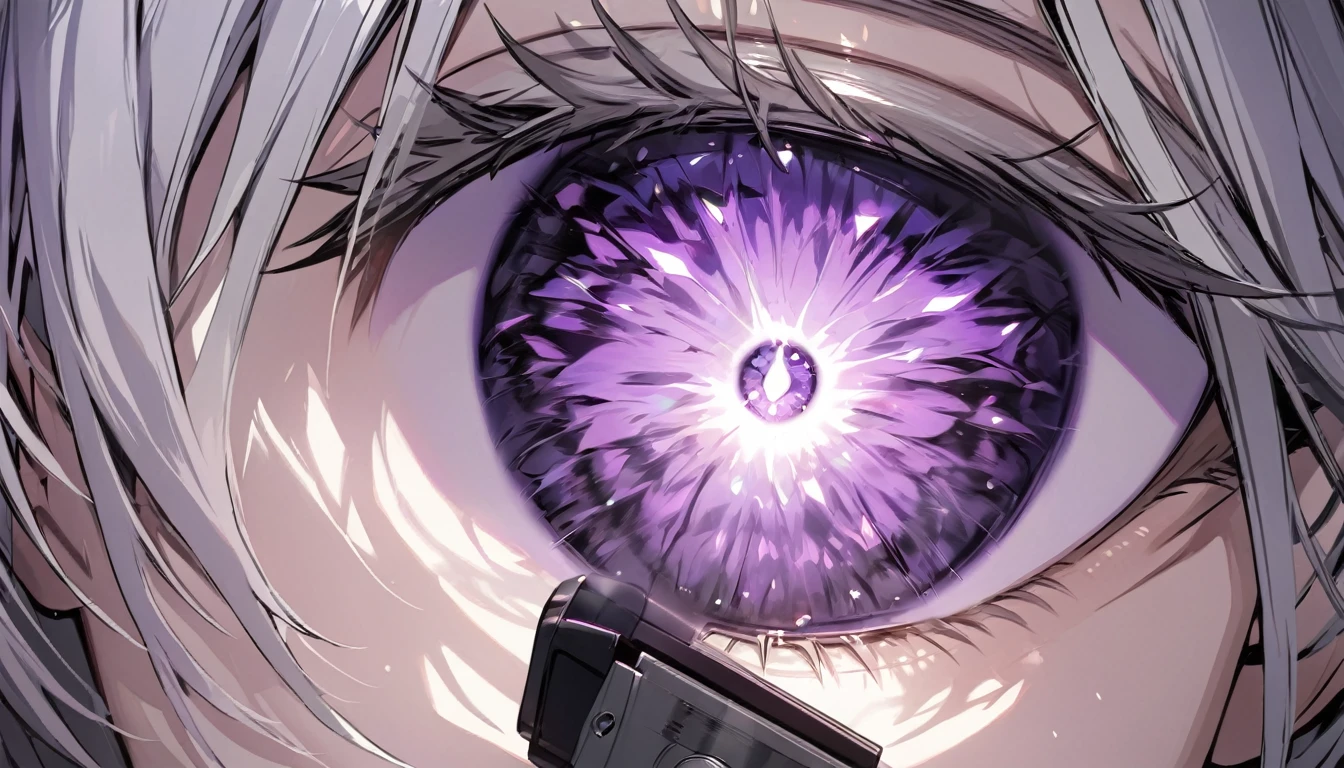 Resolution full, very accurate, best quality, masterpiece, from front boy, cinematic lighting, full HD, very sharpener, only showing eyes, focus at eyes, detailed eyes, best art, very accurate, 1boy, solo, boy, violet eyes, grey hair, violet eyes