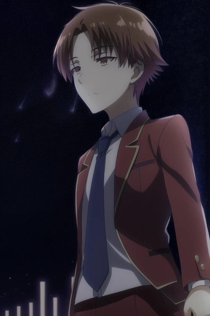 ayanokouji kiyotaka, 1 young boy, standing alone, male focus, chestnut hair, eyes browns, , white  shirt, red jacket, blue necktie, natta, natta sky, Starry sky, nube, Raby, humida, trunk