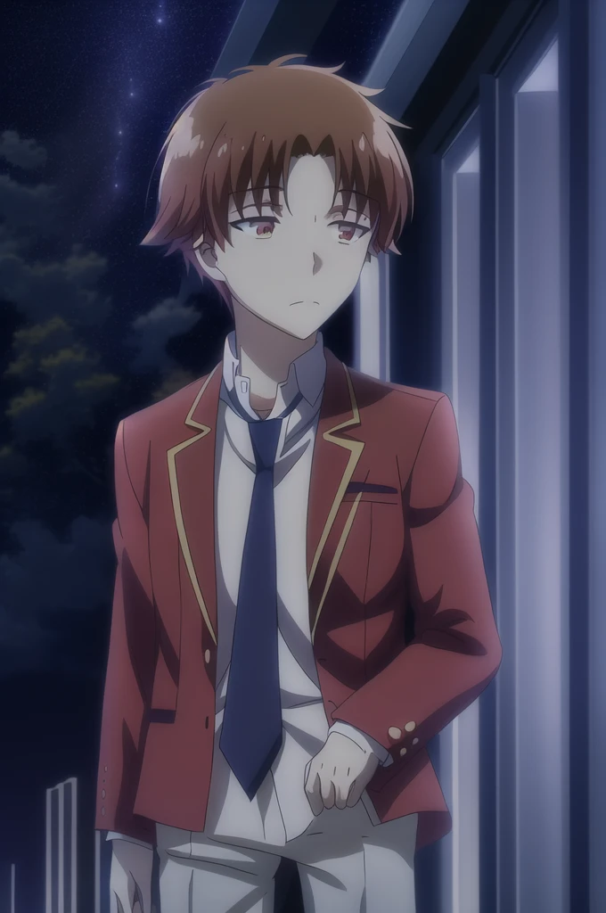 ayanokouji kiyotaka, ung boy, standing alone, male focus, chestnut hair, eyes browns, , white  shirt, red jacket, blue necktie, natta, natta sky, Starry sky, nube, Raby, humida, trunk