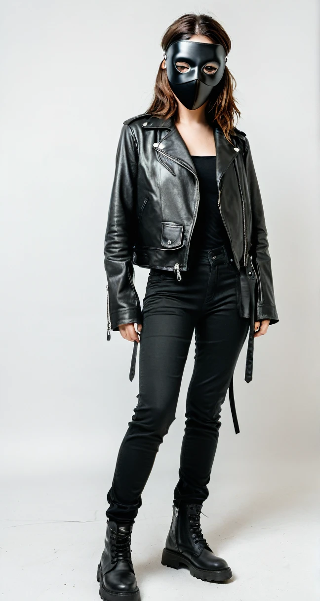 Girl with black plague mask, whole body, with long black pants, and a leather jacket on a white background 