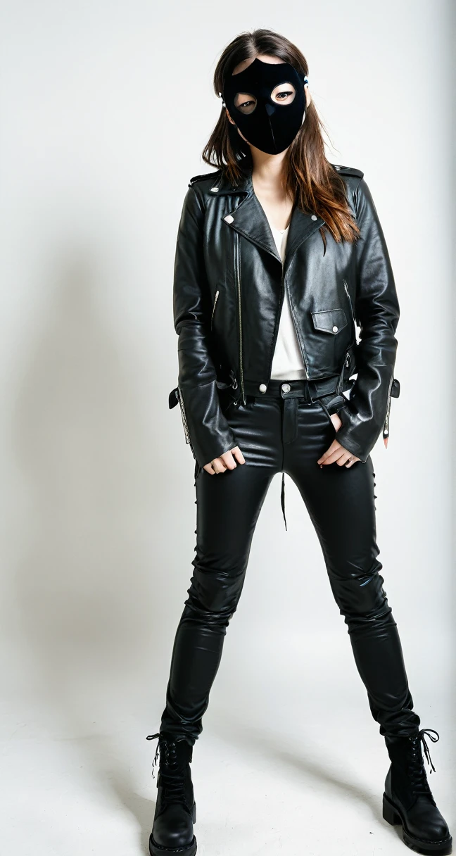 Girl with black plague mask, whole body, with long black pants, and a leather jacket on a white background