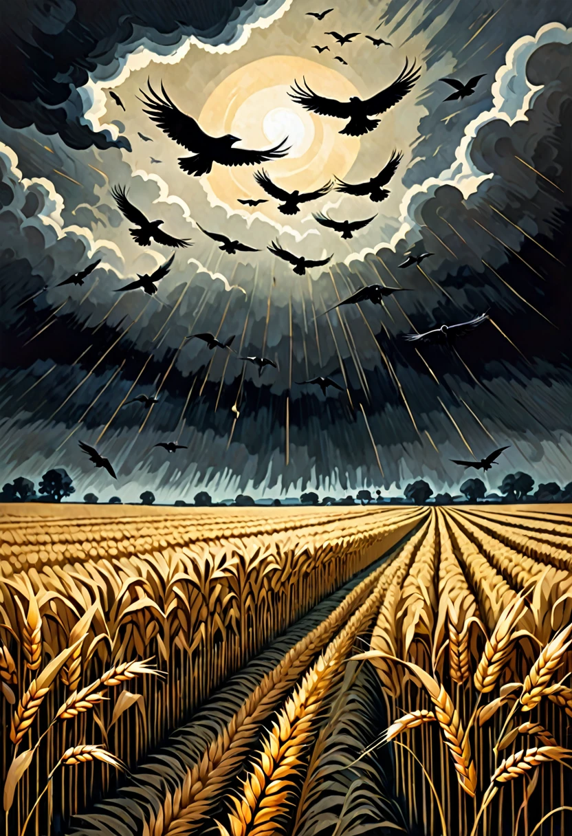 a flock of crows flying away from a wheat field in a cloudy darkened scene with thunders, dark fantasy paper style from the 70s, with intense painting and a german romantic style, shadows and spectacultar lighting