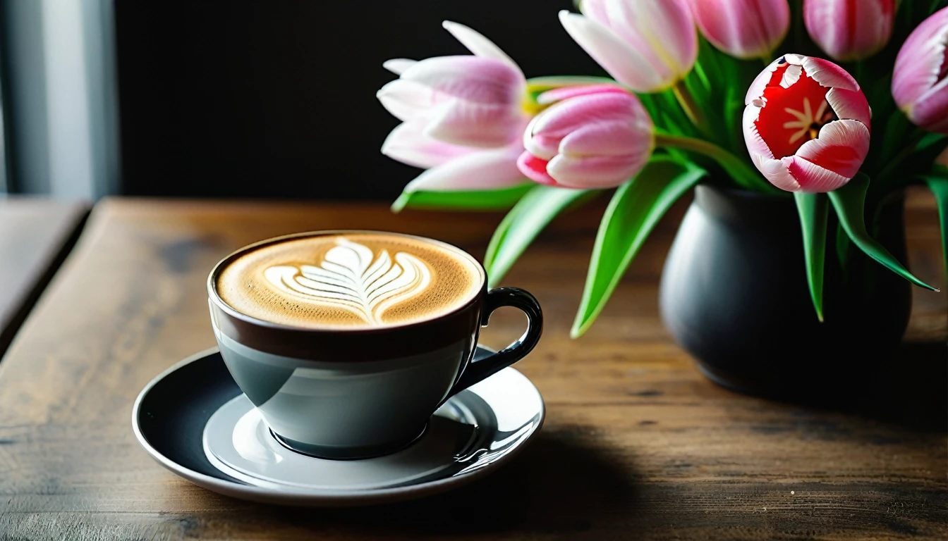 Two pink and white tulips lying flat on wooden table naturally.Beautiful latte art cup of latte coffee.There is slight smoke in the black frosted ceramic cup.Sophisticated and elegant..超级detailed.detailed,tonal texture.The contrast between light and shadow is obvious.High-end、quality.Half-length view , 50 mm , F/1.8 , Shutter speed 1/60 , ISO 50 ,Color temperature 4000k, masterpiece.First-person perspective.no humans.super wide angle, Fresh and bright light and shadow.Excellent composition.Leave space at the bottom of the screen.Tulips outside the frame.outside the border, anatomically correct, 最好的quality, masterpiece