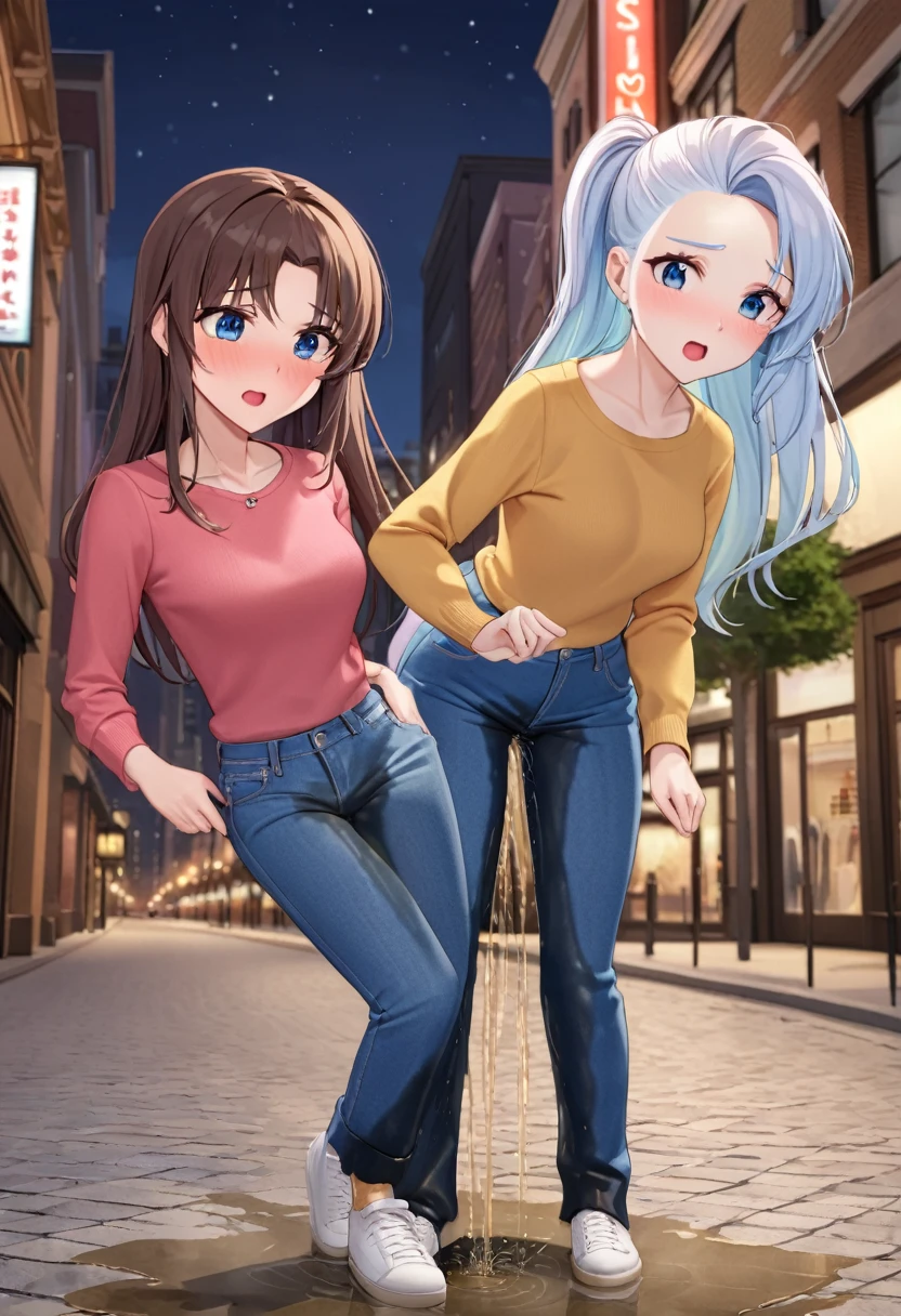 ((best quality, masterpiece:1.3, 8K)), (detailed), highly detailed face and skin texture, detailed eyes, downtown, full body, slender body, 2girls, 25 years old, white skin, bright lips, scared, worried, embarrassed, panicking, long hair, (forehead:1.0), jeans pants, flares jeans, blue jeans, peeing jeans, peeing pants, pee stain, (wetting herself:1.5), desperation:1.5,