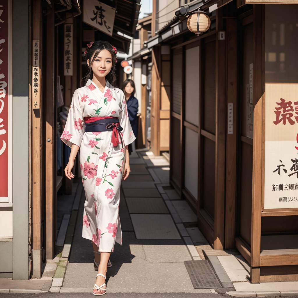 a beautiful young woman in a traditional japanese yukata walking down a street in 1980, japan with japanese signs and shop fronts, highly detailed, 4k, photorealistic, warm lighting, vibrant colors, beautiful detailed eyes, beautiful detailed lips, extremely detailed face, long eyelashes, cinematic, masterpiece, 4k, ultra realistic, front of the camera, random pose, cloth and location, fullbody, happy face
