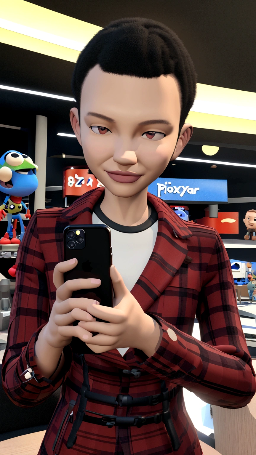 Cartoon character a man in a red and black checkered coat holding a black iphone in his hand, an animated character, stylized character, animation style rendering, 3d stylized, Arnold Maya rendering, Stylized 3D rendering, toon render screenshot, 3d character, 3d character, Stylized 3D rendering, 3D character rendering, cartoon character, Personagem de close up, character posing, (Pixar-style) (master part:1.2) (bokeh) (best qualityer) (skin detailed) (detailed texture) (8K) (Argilla) (cinematic lighting) (sharp focus，Sit down and lift your upper body