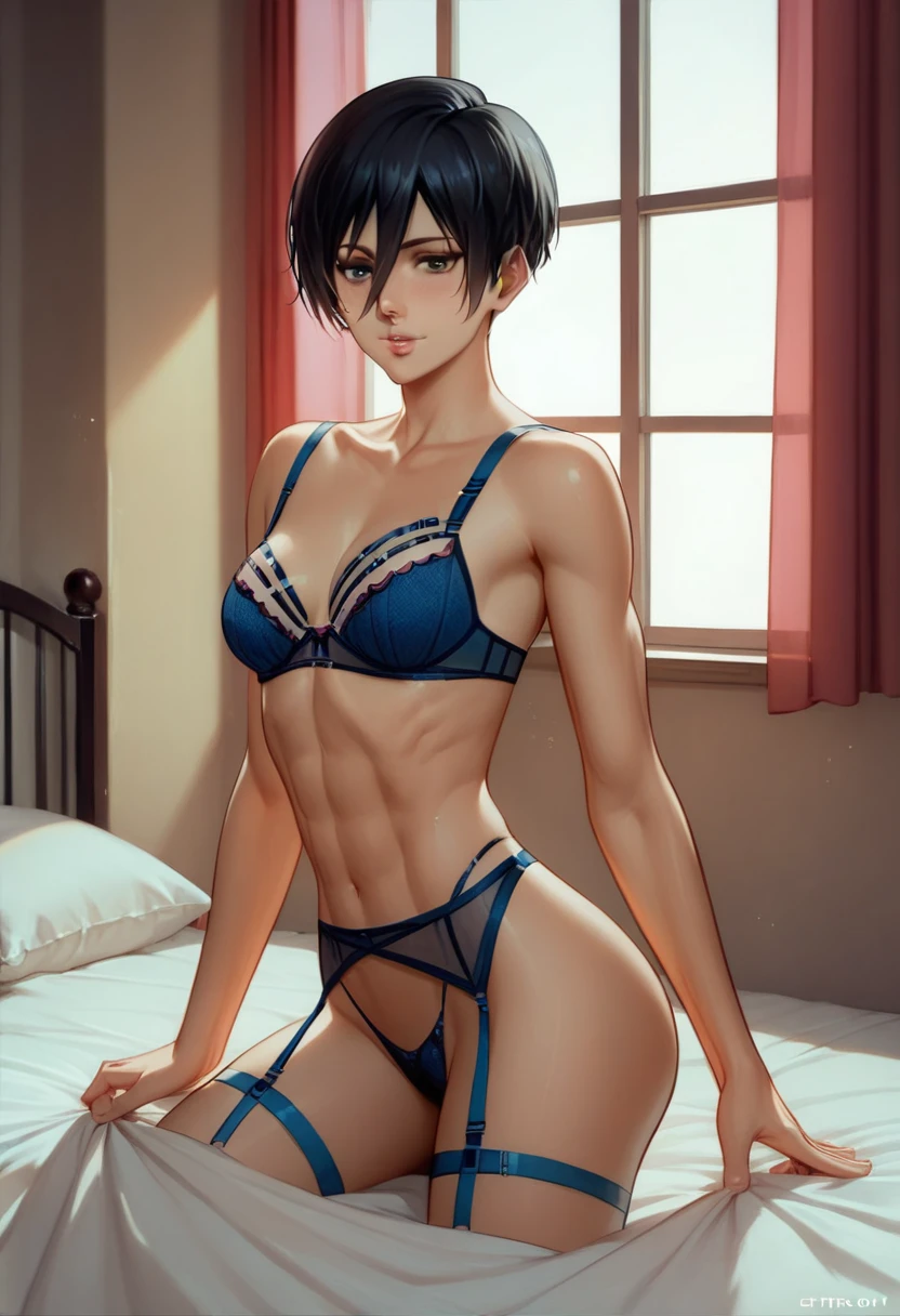 score_9_up, score_8_up, score_7_up, 1girl, solo, mature female, ((Mikasa Ackerman)), ((black very short hair)), ((black pixie cut)), black eyes, pink lips, fit slim body,(((perfect erected medium breast))) (((blue seductive Victoria’s Secret shine straps lingerie, bra with shine straps, thong with shine straps))), (((highly detailed bedroom, window, bed))), perfect fit model body, wide hips, shy smile, seductive pose