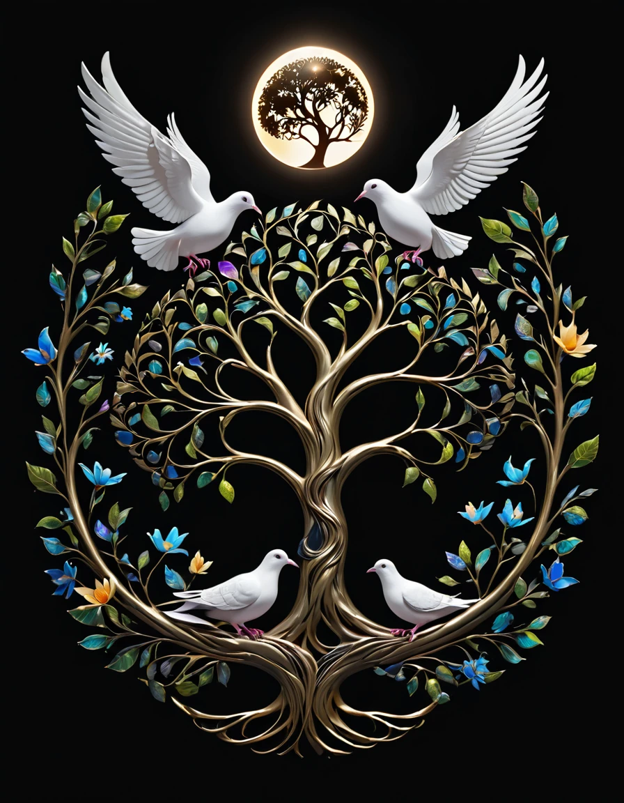 solid black background, eclipse, artpkplnt, tree of Life, 8K, doves,