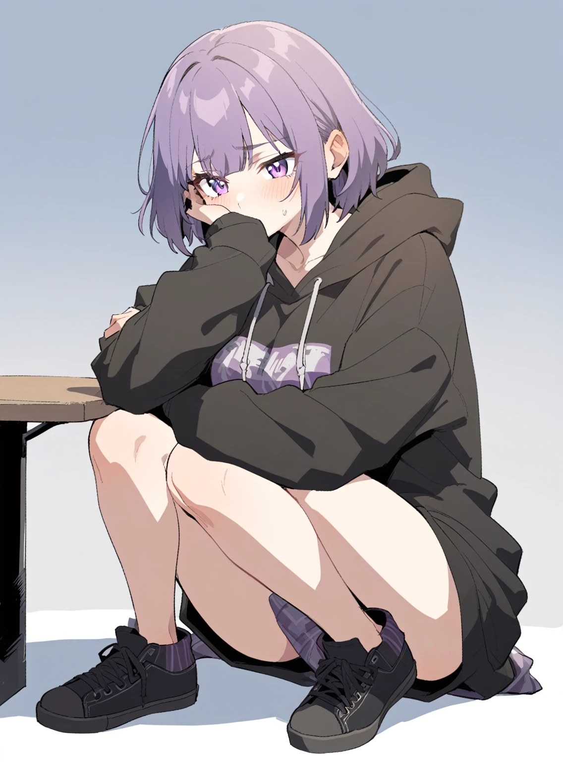 {{Full body view}} {{Artist: Sincos}} 1girl, emo girl, Purple eyes, short shoulder-length hair, bangs covering the left side of her face, baggy black hoodie, large breasts, sitting at the table with her legs crossed, She's not wearing pants, she's not wearing shoes.
