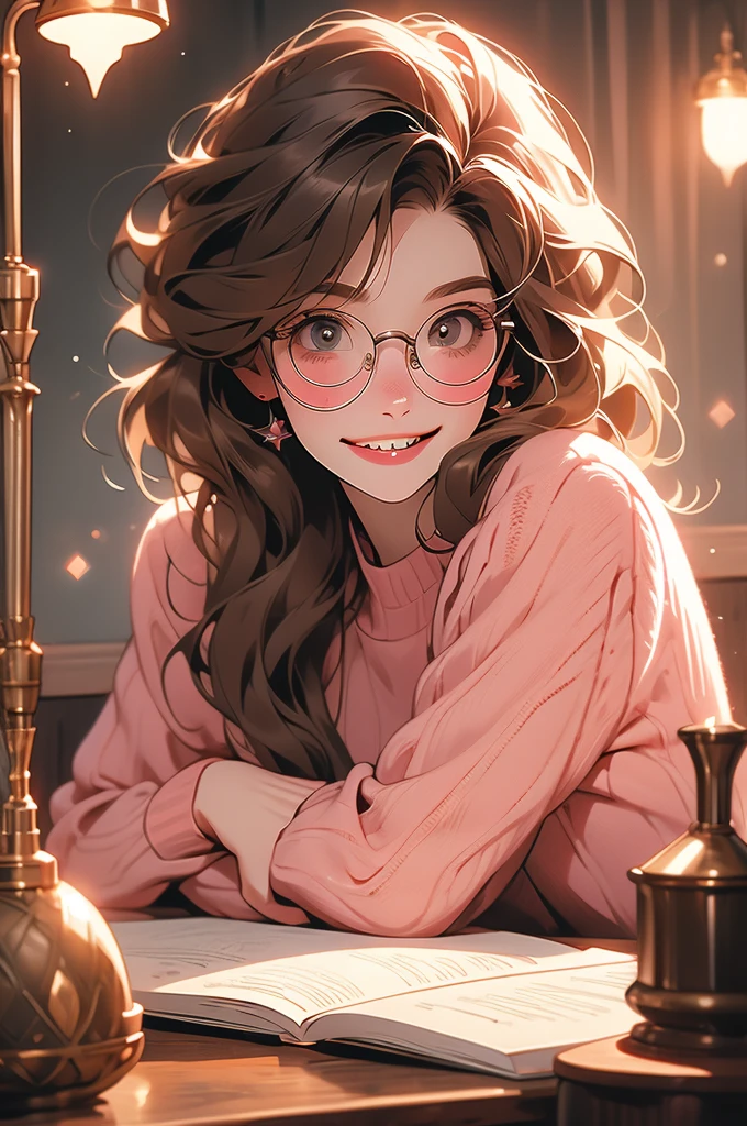 1girl, fluffy brown hair, big round glasses, writing, thoughtfull, freckles, biting tongue, lamp light, sitting behind a table, pink sweater, tongue out, evil smile, evil