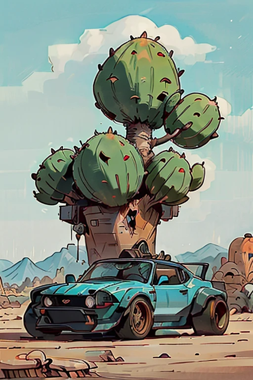 Cartoon offroad car, the car is on top of a large round boulder, the boulder is alone in the middle of the desert, one cactus in the desert, the car is light blue, beautiful illustration, 8k, hi res image, intricate detail, unique illustration, three quarters view, orange desert, blue sky