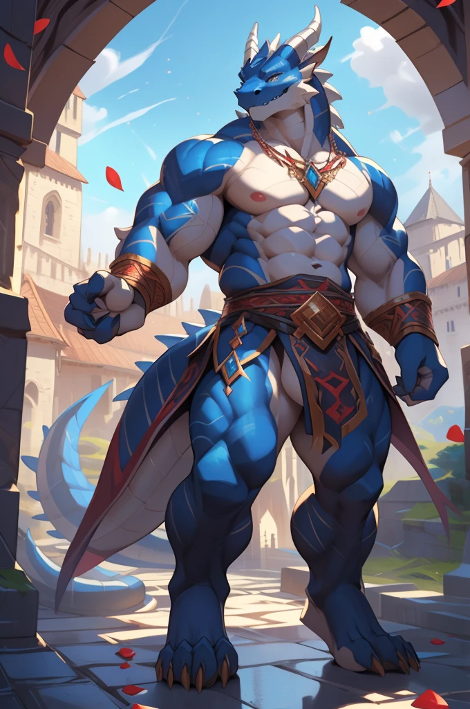 NSFW (male anthro dragon), standing, solo, muscle, detailed scale texture, old castle, (battlefield), Naked, Big dick, (blue body, white belly), (art by chunie, (drakgem), ((rakisha)), (kontanagamori)), (front view), looking pleasured, [simple background], detailed pupils, masterpiece artwork, caustics, rim lighting, single light source, sharp shadows, solo portrait, (digitigrade), (kemono), by inessa garmash, greg rutkowski, pino daeni, ruan jia, (light particles), rose petals, 3rd tail red between his legs