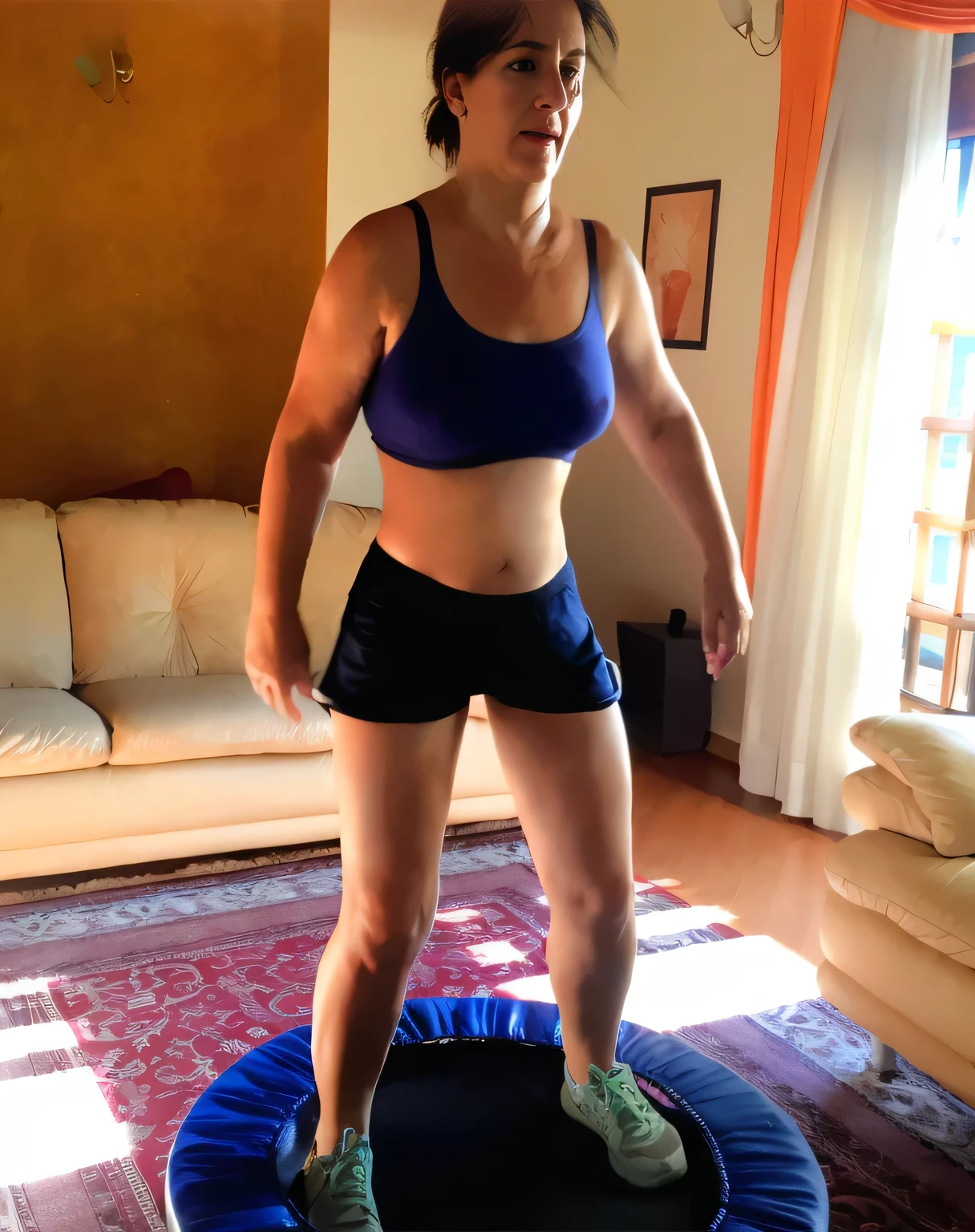 woman standing on a trampol in a living room with a couch, cottagecore!! fitness body, bouncing, caroline gariba, laura zalenga, fit pic, sanja stikovic, toned shape, working out, athletic muscle tone, mina petrovic, sweating, muscular sweat lara croft, full body wide shot, fit body, laura sava, workout