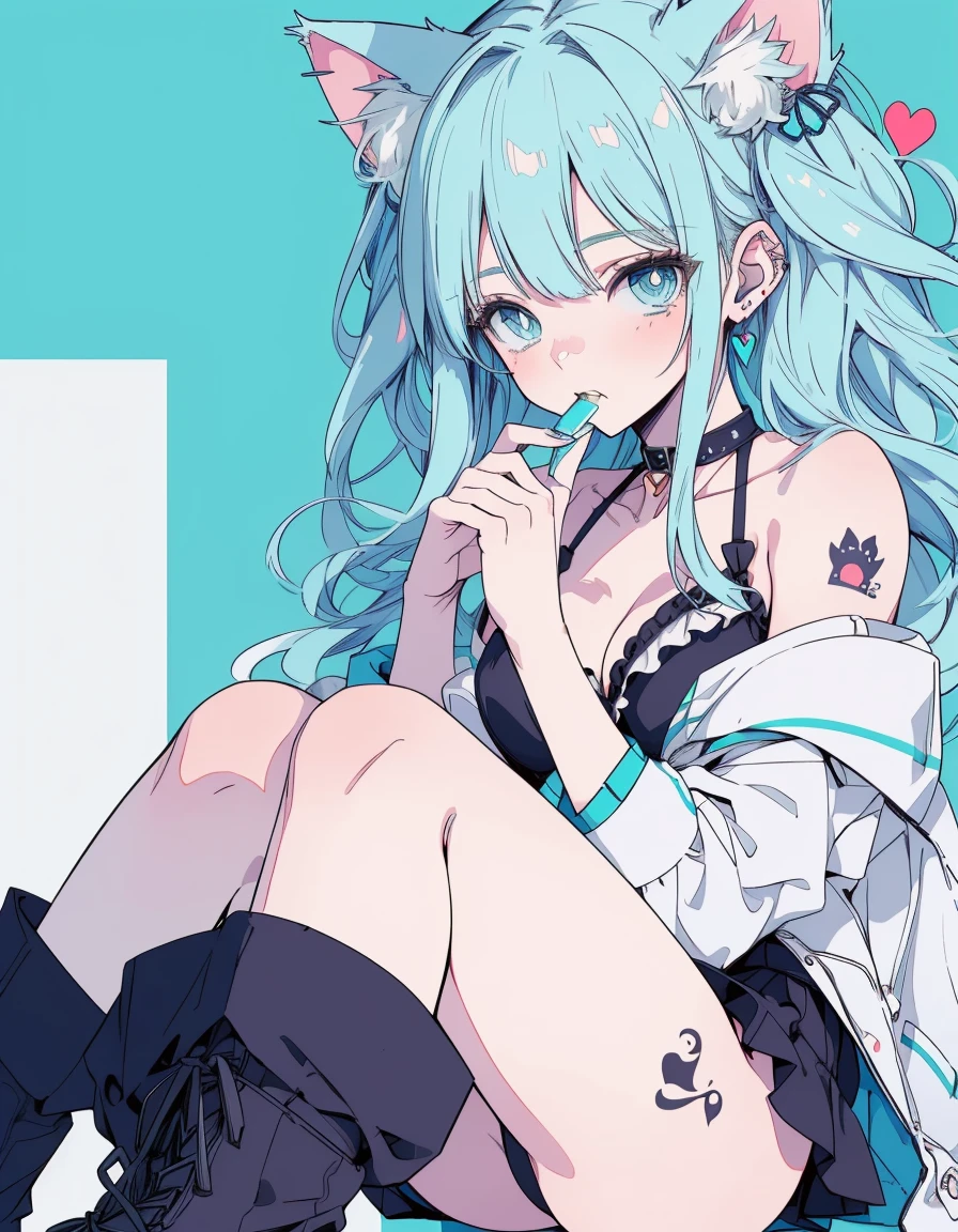 tattoo, heart-shaped pupils, full-body, bikini, biting lip, ((masterpiece, best quality:1.5)), ((Beautiful detailed cat aqua eyes:1.2)), cat ears, pale skin, medium breasts, beautiful hands, beautiful fingers, EasyNegative