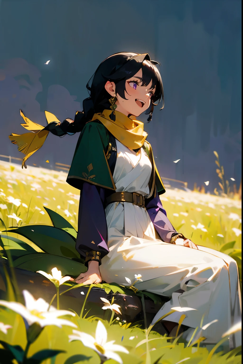 1female, Black Hair, Green Dress, Braided Hair, Gold and White Scarf, Elegant Outfit, Purple Eyes, Laughing, Athletic, Fisherman, Adult Female, Flower Field, Sitting among the Flowers
