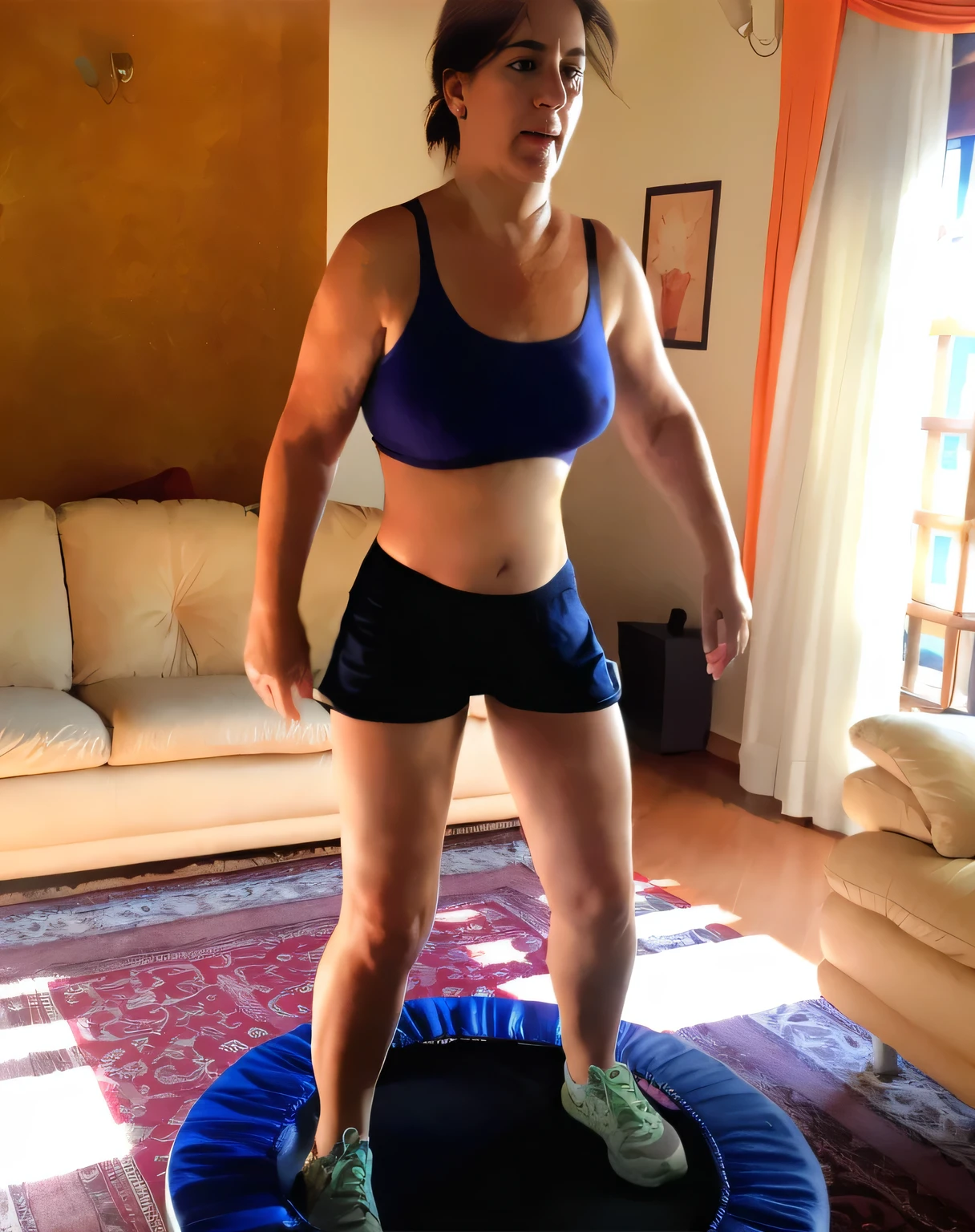 woman standing on a trampol in a living room with a couch, cottagecore!! fitness body, bouncing, caroline gariba, laura zalenga, fit pic, sanja stikovic, toned shape, working out, athletic muscle tone, mina petrovic, sweating, muscular sweat lara croft, full body wide shot, fit body, laura sava, workout