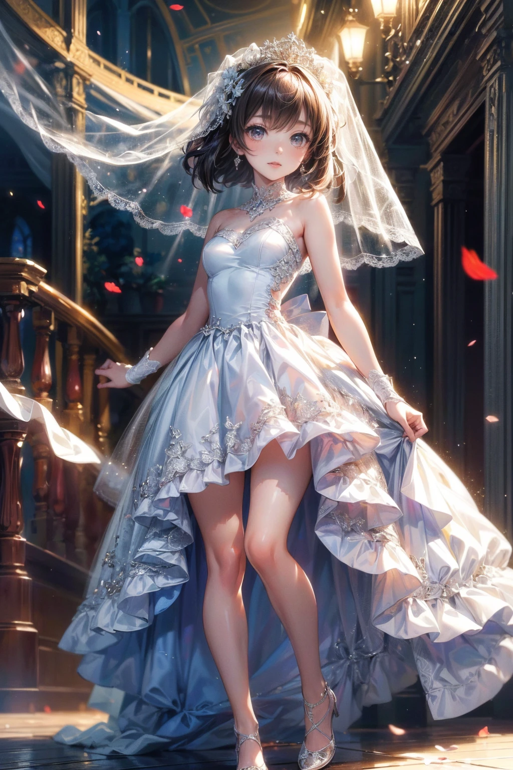 (Highest quality, High resolution, masterpiece:1.2,), figure, night, One girl, whole body, (High leg wedding dress), Put your arms behind your back, Wait for a kiss, View your viewers, Happy, blush,