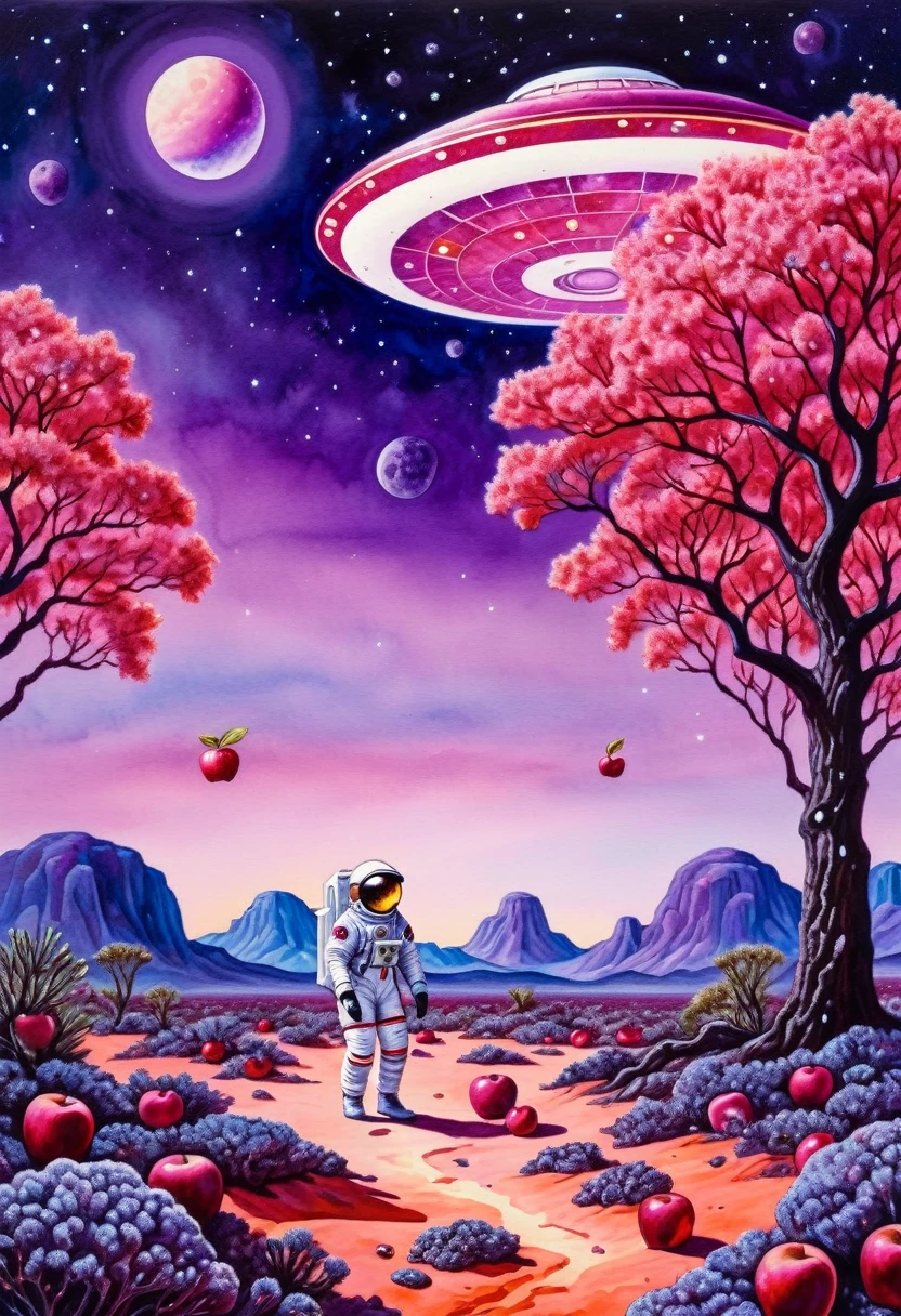 an astronaut with apples on an alien planet among local coral trees made of precious rubies, a flying saucer against a purple sky (by Vincent-Di-Fate), fresh watercolor palette canvas/acrylic, intricate, extreme detail, complex key, ((single shot)), ((best quality)), ((masterpiece)), ((realistic)), 8k