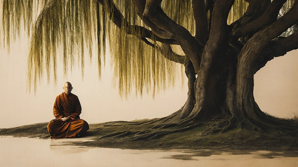 A detailed picture of a monk sitting meditation, could be sitting under a big tree, full body, eyes closed. his head shaved bald. Buddhism style. The monk clothing drapes elegantly but do not expose the body , and the dark yellow, could be in nature, background contrasts sharply with the monk, making it the focal point. The overall ambiance of the image is peacefully, emphasized by the play of light and shadow. Wide shot. front view. Realistic, Hyper detailed. traditional chinese ink painting, modelshoot style, peacefuln song, willow tree in background, wuchangshuo,