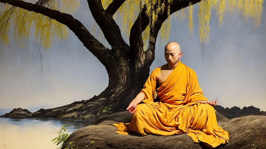 A detailed picture of a monk sitting meditation, could be sitting under a big tree, full body, eyes closed. his head shaved bald. Buddhism style. The monk clothing drapes elegantly but do not expose the body , and the dark yellow, could be in nature, background contrasts sharply with the monk, making it the focal point. The overall ambiance of the image is peacefully, emphasized by the play of light and shadow. Wide shot. front view. Realistic, Hyper detailed. traditional chinese ink painting, modelshoot style, peacefuln song, willow tree in background, wuchangshuo,