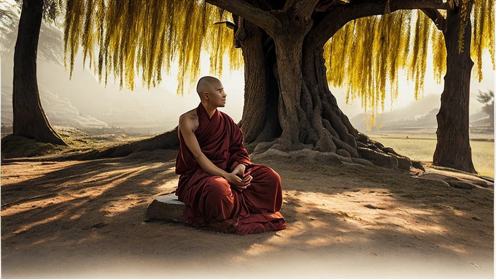 A detailed picture of a monk sitting meditation, could be sitting under a big tree, full body, eyes closed. his head shaved bald. Buddhism style. The monk clothing drapes elegantly but do not expose the body , and the dark yellow, could be in nature, background contrasts sharply with the monk, making it the focal point. The overall ambiance of the image is peacefully, emphasized by the play of light and shadow. Wide shot. front view. Realistic, Hyper detailed. traditional chinese ink painting, modelshoot style, peacefuln song, willow tree in background, wuchangshuo,