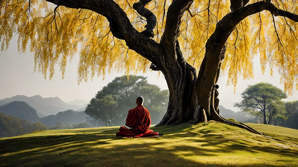 A detailed picture of a monk sitting meditation, could be sitting under a big tree, full body, eyes closed. his head shaved bald. Buddhism style. The monk clothing drapes elegantly but do not expose the body , and the dark yellow, could be in nature, background contrasts sharply with the monk, making it the focal point. The overall ambiance of the image is peacefully, emphasized by the play of light and shadow. Wide shot. front view. Realistic, Hyper detailed. traditional chinese ink painting, modelshoot style, peacefuln song, willow tree in background, wuchangshuo,