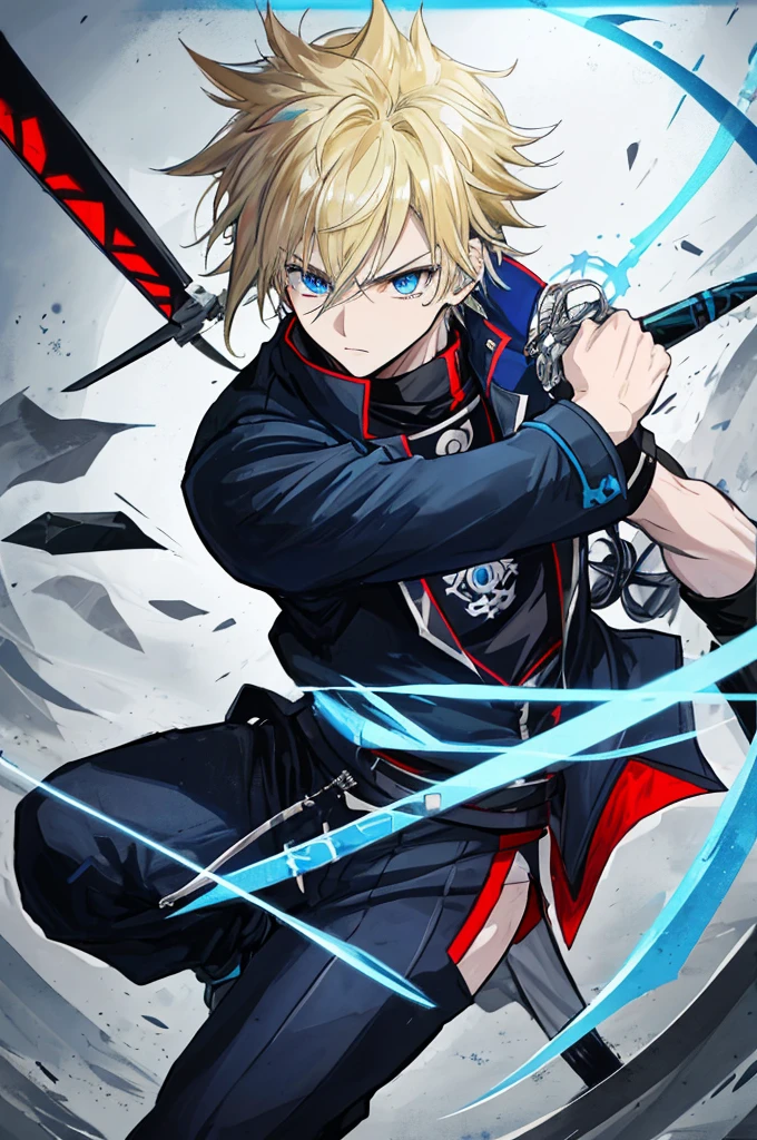 A high-quality, 8K Ultra HD, masterpiece anime illustration of a dynamic and confident character. The character has spiky blonde hair with longer strands and a subtle undercut on the sides, and blue eyes with a slight glow. His right arm features a tribal tattoo extending from his hand to his eye. He wears a stylish jacket in black and dark blue with metallic details for a futuristic appearance. The colors include dark shades of blue and black, accented with silver and red details. He sports a robust bandana with the emblem of the Leaf Village, showing a few scratches, and holds a futuristic-styled kunai. The character is in a dynamic pose, with one leg slightly forward and his body inclined as if about to run or attack. One hand grips the kunai, while the other is raised in a challenging and confident gesture, reflecting his fearless and energetic attitude. The style is reminiscent of Studio Pierrot and Masashi Kishimoto.