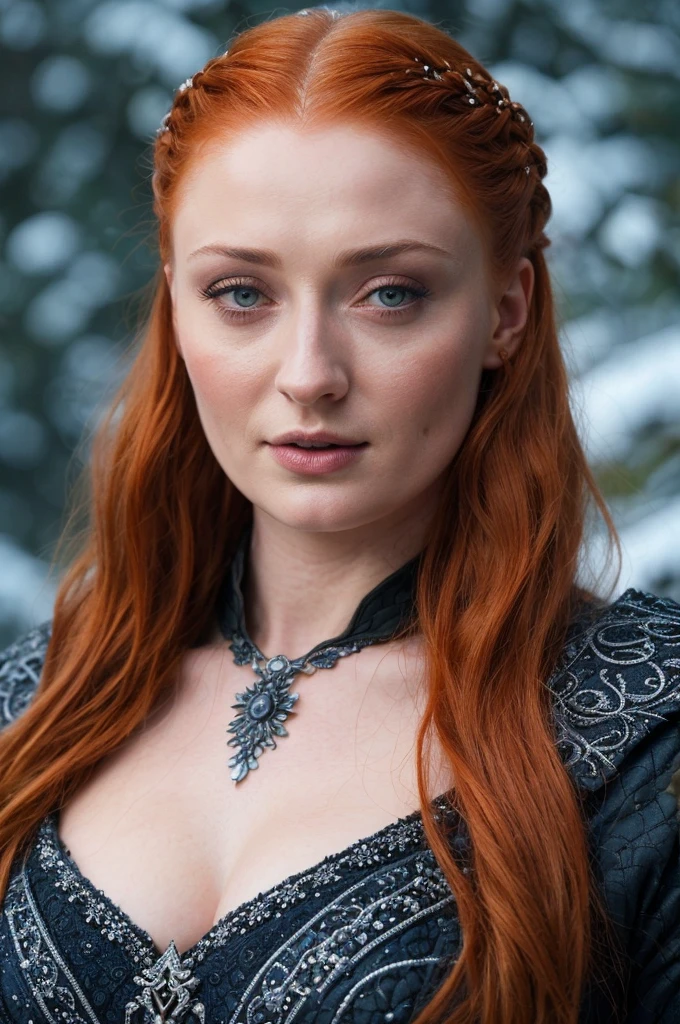 Face of Sophie Turner, Sansa Stark played by Sophie Turner, the de facto Lady of the Eyrie, is a 45-year-old mature queen with a stunning, alluring appearance. Full Face, Full figured woman, heavy physique, thick thighs, pierced eyes, reddish lips, upper body shot, erotic Mediaeval costumes, game of thrones costumes, She wears a Game of Thrones-inspired costume and has a deep cleavage, a perfect thick body, and a perfect thick figure. The photograph captures her in a close-up, with her skin texture and facial features being ultra-realistic and realistic. Juicy thick figure, high quality skin, Skin pores, amazing details, snow, snow flakes, semi realistic, extremely detailed eyes, dark moody orange and black settings, cool environment, artificial intelligence, winter, winter scene, insane details,