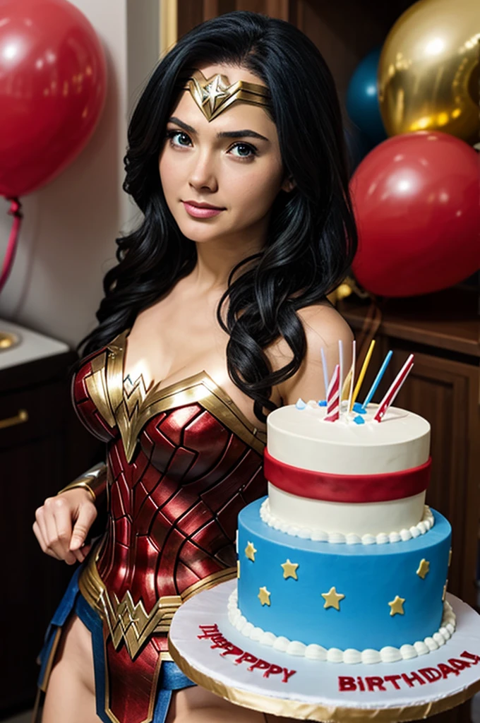 Wonder woman anime version with a birthday cake and balloons in the back
