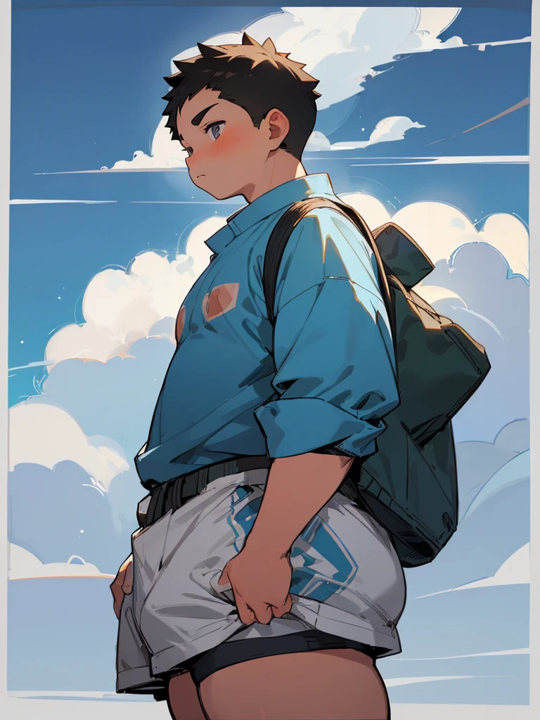 (androgynous), (boyish), beautiful, chubby, (very short hair), (pudgy face), (high school students), (thick), overweight, beefy, nipples, (cute), (little brat), (naughty brat), (へそ), ぽっちゃりした体, 汗ばんだ体, (臭そうな体), (front view)
