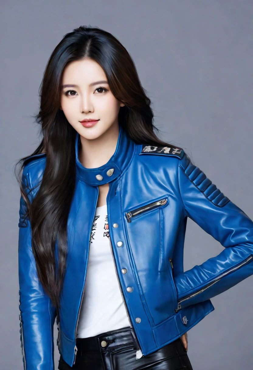 Best quality, masterpiece, ultra high res, (photorealistic:1.4), raw photo, 1girl,, , long hair, blue leather jacket, beautiful chinese woman