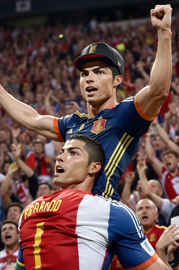Cristiano Ronaldo scoring a hat-trick against Spain and celebrating in front of Spain fans after scoring a bicycle kick goal