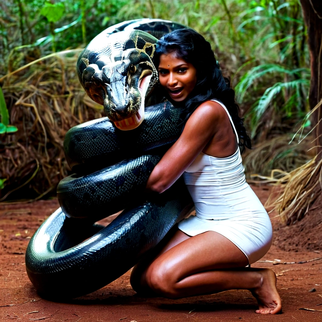 Happy Horny, aroused 1girl), beautiful kneeling indian young teen girl with giant colossal black titanboa squeezing her hard, wrapped in thick spiraling coils, constricted, struggle, gasping for air, snake attack, snake peril, moonless night, dim light