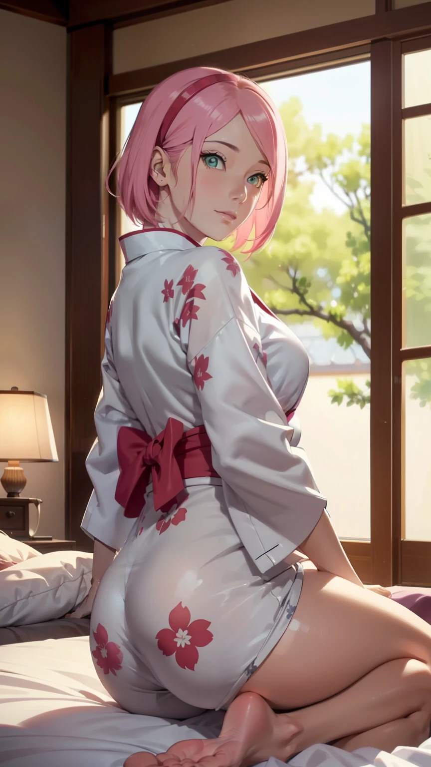 wearing a sexy yukata, (High detail:1 1), natural skin, preety face, laying down in bed,  High quality, photo from behind,  Sakura, showing ass， thicc ass, Pink hair, short detailed hair，green eyes，（smile:1.2），Red face，bending over, laying down，sexy figure，Perfect body，gorgeous eyes, (detailed face and eyes), (Face: 1 2), Real Photo, Lamp Film Photography, Sharp Focus, High Contrast Lighting, Sensitive Skin, High Definition 8K, Crazy Details, Realistic, Professional Photography, 8K UHD, SLR camera, soft lighting, high quality, sakura, sakura Haruno