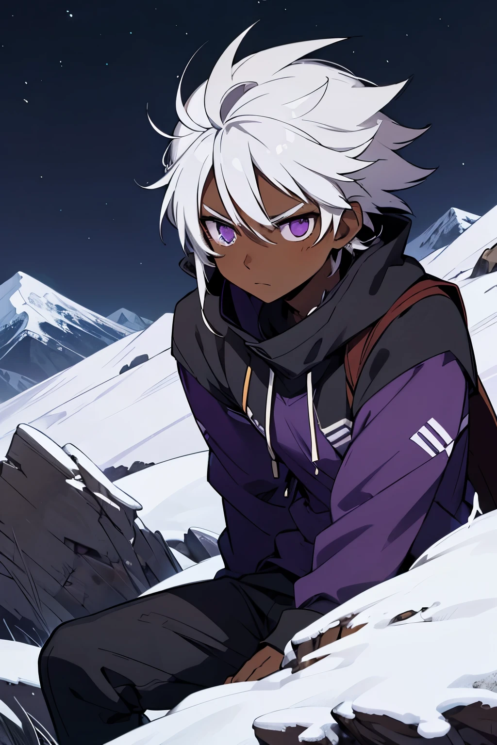 Young male, dark skin, white hair, messy hair, purple eyes, cold expression, on a mountain at night
