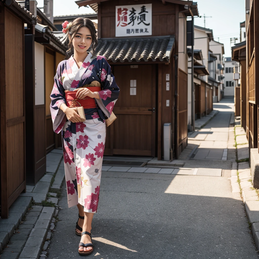 a beautiful young woman in a traditional japanese yukata walking down a street in 1980, sitting in a riksa, highly detailed, 4k, photorealistic, warm lighting, vibrant colors, beautiful detailed eyes, beautiful detailed lips, extremely detailed face, long eyelashes, cinematic, masterpiece, 4k, ultra realistic, front of the camera, random pose, cloth and location, fullbody, happy face
