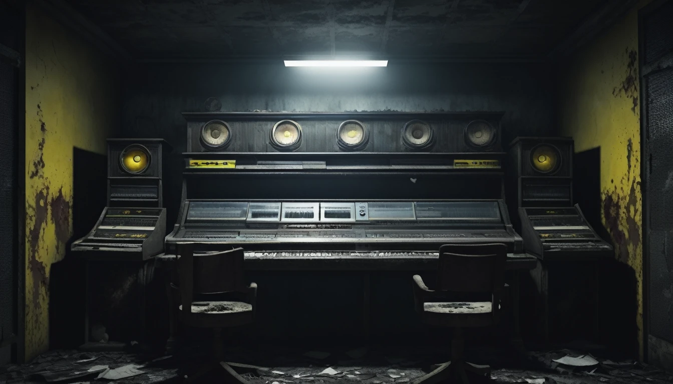 create an abandoned radio station with a dark setting, scary and realistic, in the shadows, rotting and sinister zombies lurk with yellow eyes.