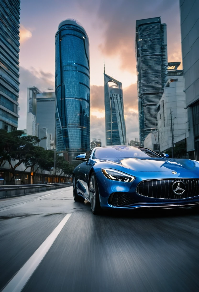 An image with a modern urban background, featuring a cloudy sky and distant tall buildings, suggesting an urban environment at dusk. In the center of the scene, a metallic blue luxury car is at a road the camera has a low angle regard the car focusing at the car front