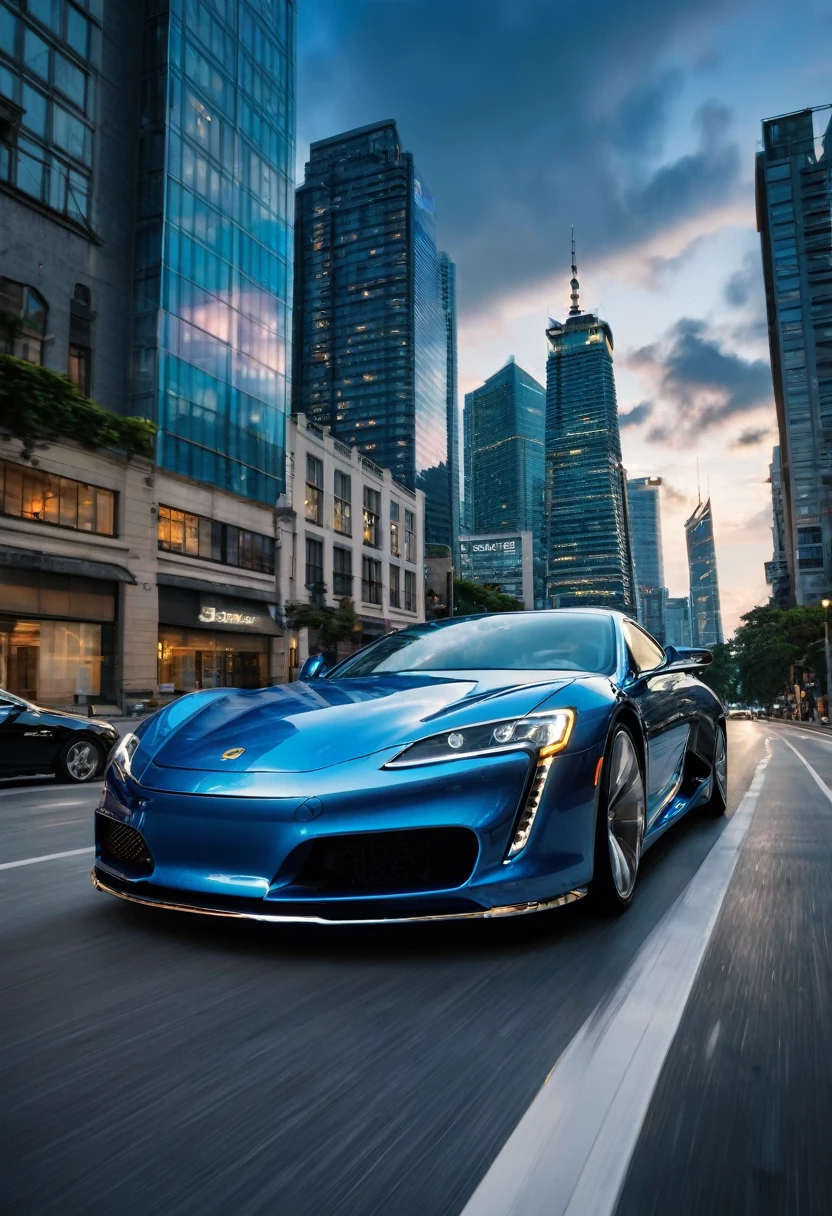 An image with a modern urban background, featuring a cloudy sky and distant tall buildings, suggesting an urban environment at dusk. In the center of the scene, a metallic blue luxury car is at a road the camera has a low angle regard the car focusing at the car front