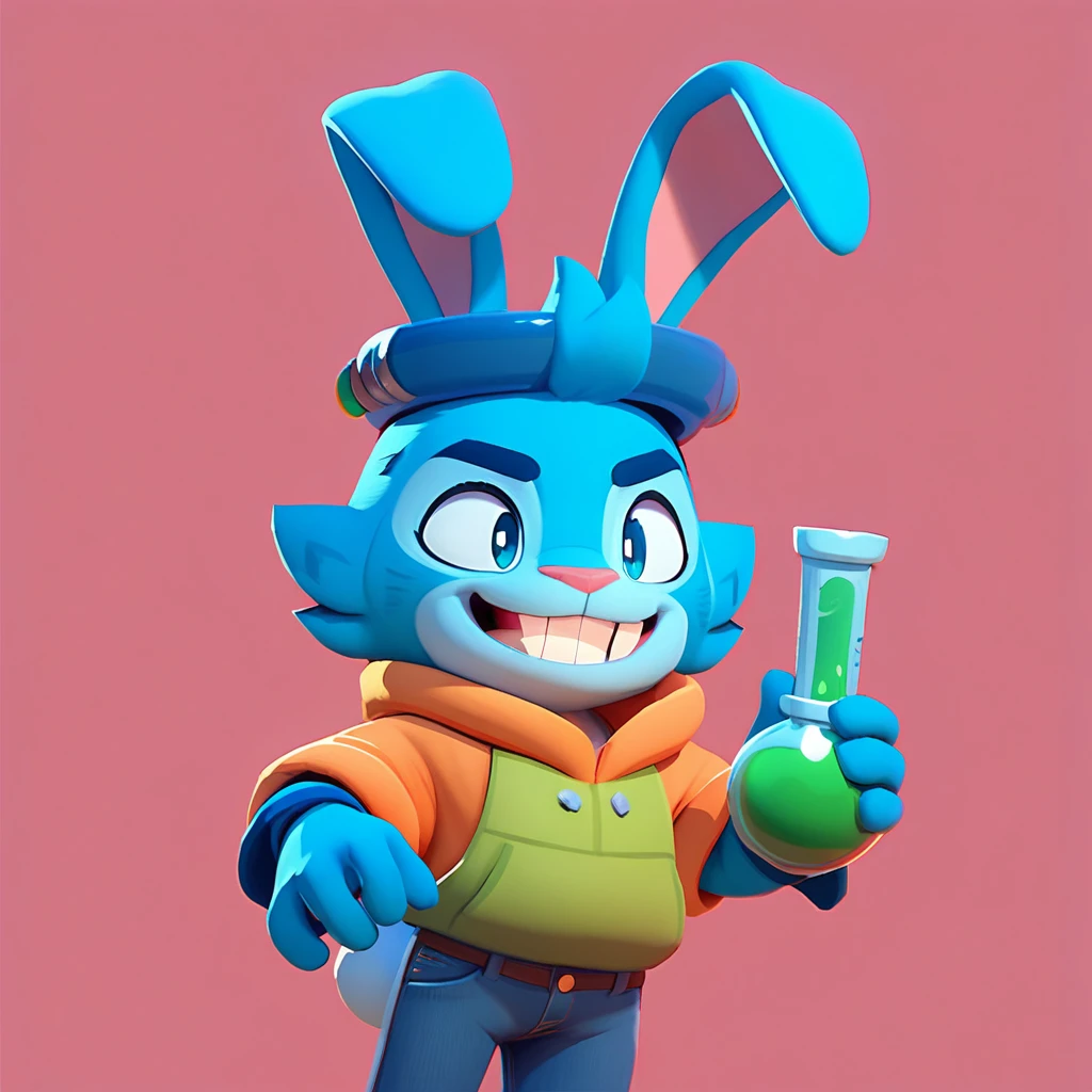 a round monster with blue fur, resembling Pop Fizz from Skylanders, who smiles, with pointy teeth, bunny ears, wearing jeans and a green potion in his hand
