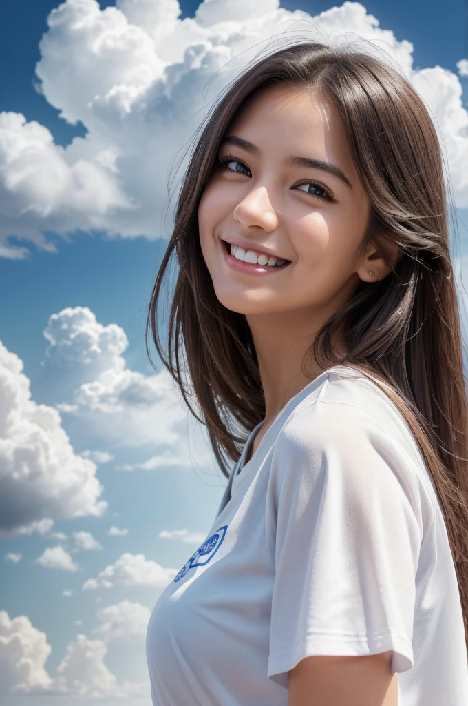 (1girl:1.2), (big smile), beautiful face, Amazing face and eyes, long silky brown hair, wearing white t shirt, delicate, (Best Quality:1.4), (Ultra-detailed), (extremely detailed beautiful face), cute smile, brown eyes, (highly detailed Beautiful face), (summer high school uniform:1.2), (extremely detailed CG unified 8k wallpaper), Highly detailed, High-definition raw color photos, Professional Photography, Realistic portrait, Extremely high resolution, smiling, (Clouds all over the sky, cloudy sky, lots of clouds:1.5), (cloudy day:1.5), half figure,