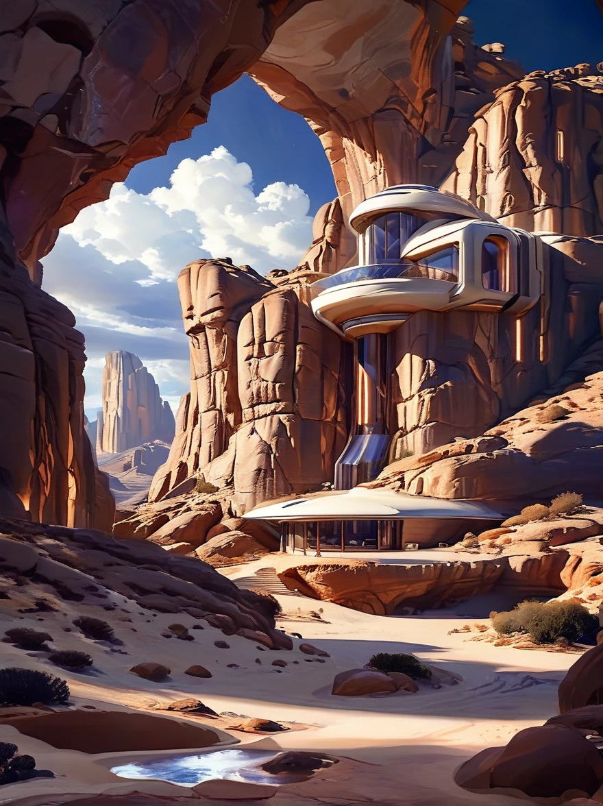 futuristic home sci fi, scene is built into a large rock formation, beautiful lighting