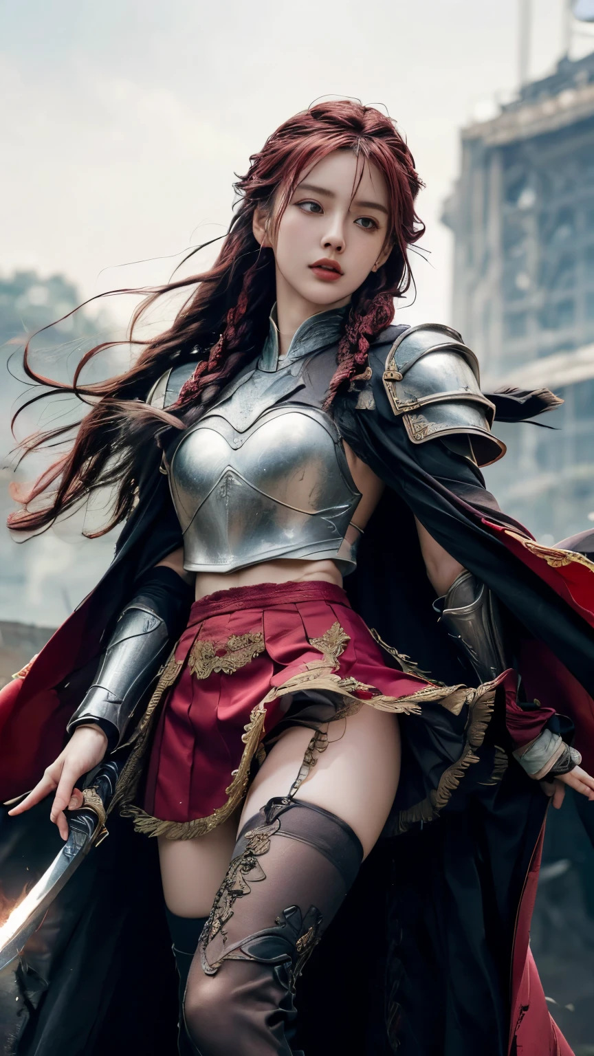 Very beautiful woman、Slender women、(Detailed face)、Realistic Skin、((Knight of Fire)), (((Red Armor:1.25)))、((((Black armor with very fine and intricate decoration))))、((Delicate photo))，(Girl Astepeace RAW Photo Details:1.25), (highest quality:1.6), (超A high resolution:1.5), (Realistic:1.75), 8K resolution, Canon EOS R5, 50mm, Absurd, Ultra-detailed,Cinema Lighting,Battlefields of Medieval Europe、((battle))、RPG World、Final Fantasy、(((Embellished skirt)))、Thigh-high socks、Shin Guards、night、((too long bangs))、((One long thick dark red hair braid))、Get six-pack、Torn Cloak、Beautiful Armor、(((Giant Sword)))、In combat、The wind is blowing、(((Inferno filling the entire area)))、(((Leading a large group of red knights)))、(((Knight Commander)))、Armor with a Phoenix motif、Old scar on right cheek:1.2、((Fire blaze))、(((Battle Scene)))、((nsfw))