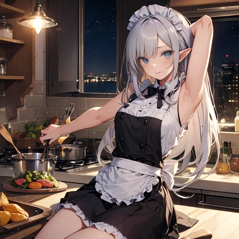 A maid, (in kitchen), various hair styles, night, details face, short skirt, seducing, sleeveless, maid uniform, armpits, elf